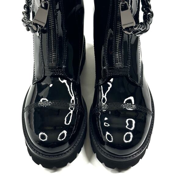 Zadig & Voltaire Joe Cecilia Black Patent Leather Chain Boots Womens EU 38/US 7 - Picture 3 of 14